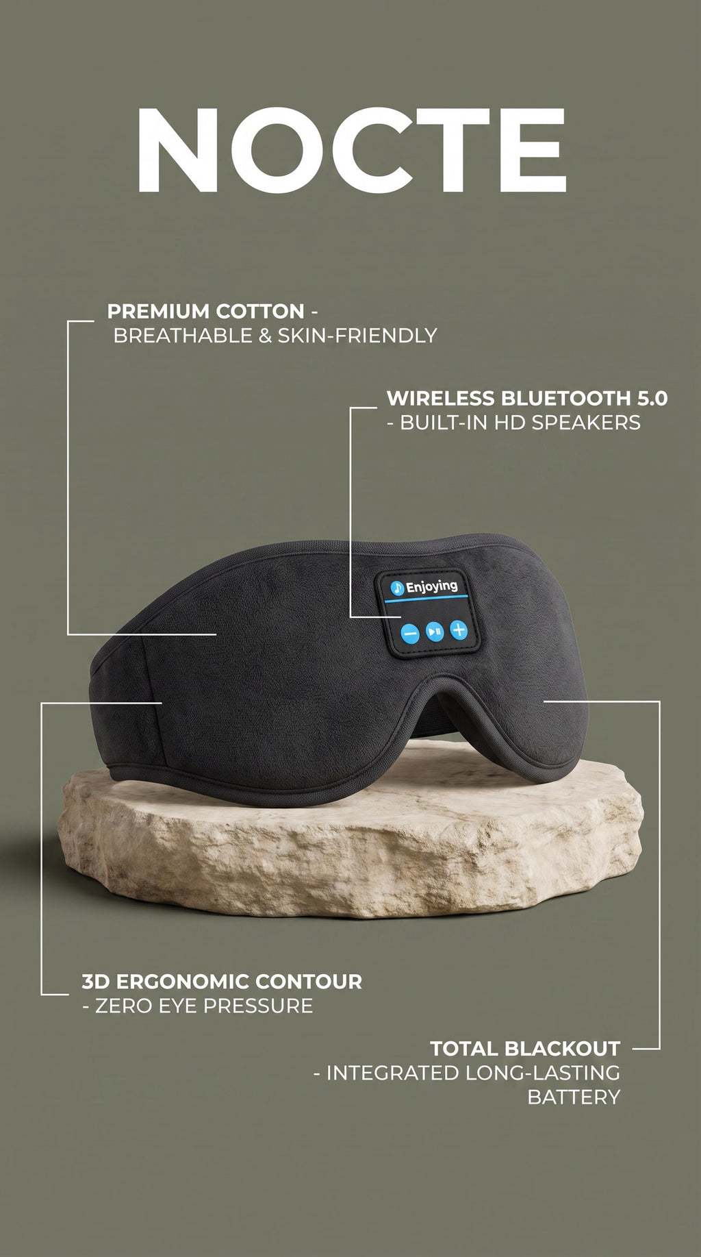 Nocte Sleep Mask features: premium cotton, wireless audio, 3D contour, total blackout